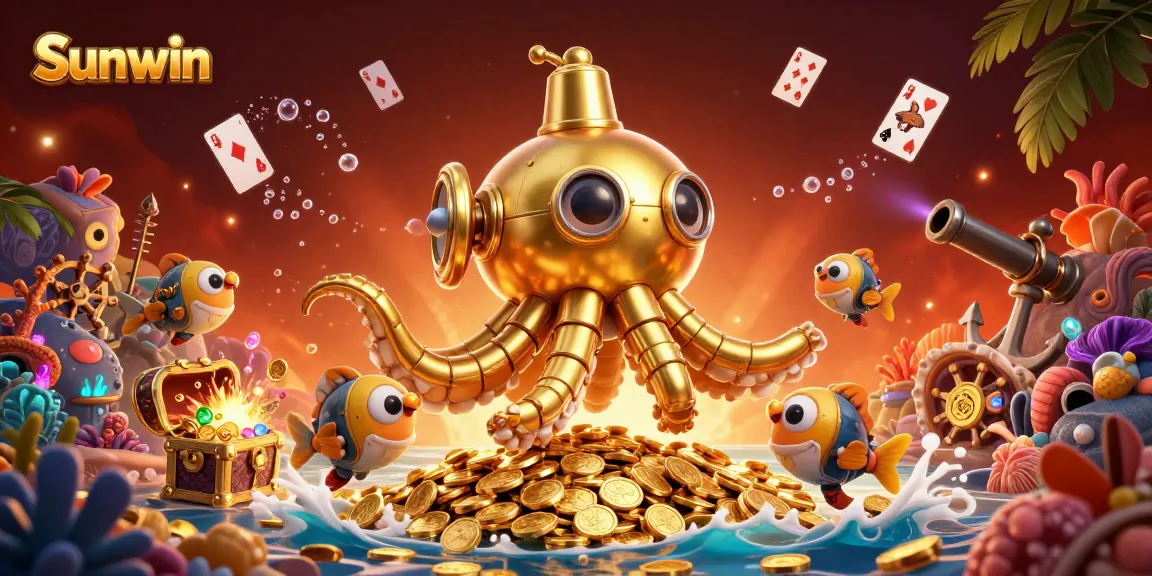Engage with Sunwin's thrilling underwater adventure featuring a golden kraken and treasure chests.
