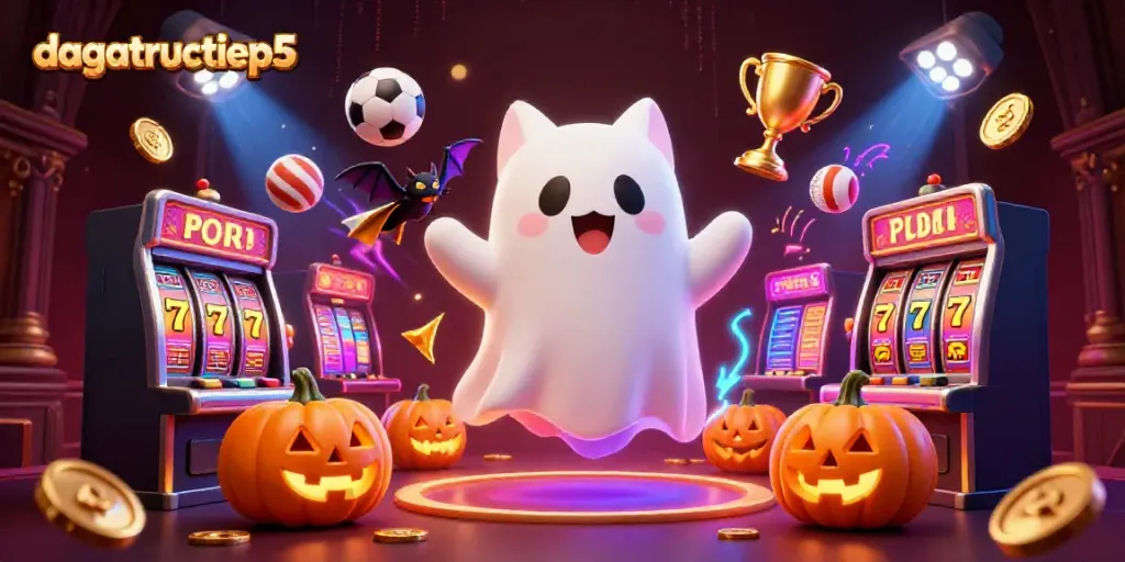 Engage in thrilling gameplay at dagatructiep5 featuring ghost cat and vampire bat amidst casino elements.
