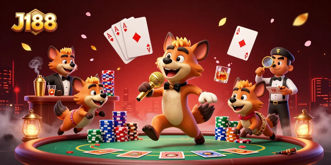 Join the J188 comedy casino action with hyenas serving drinks, telling jokes, and creating a vibrant ambiance.