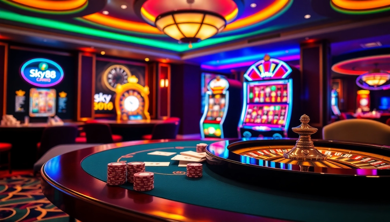 Sky88 casino table with vibrant poker chips and cards, highlighting luxury gambling.