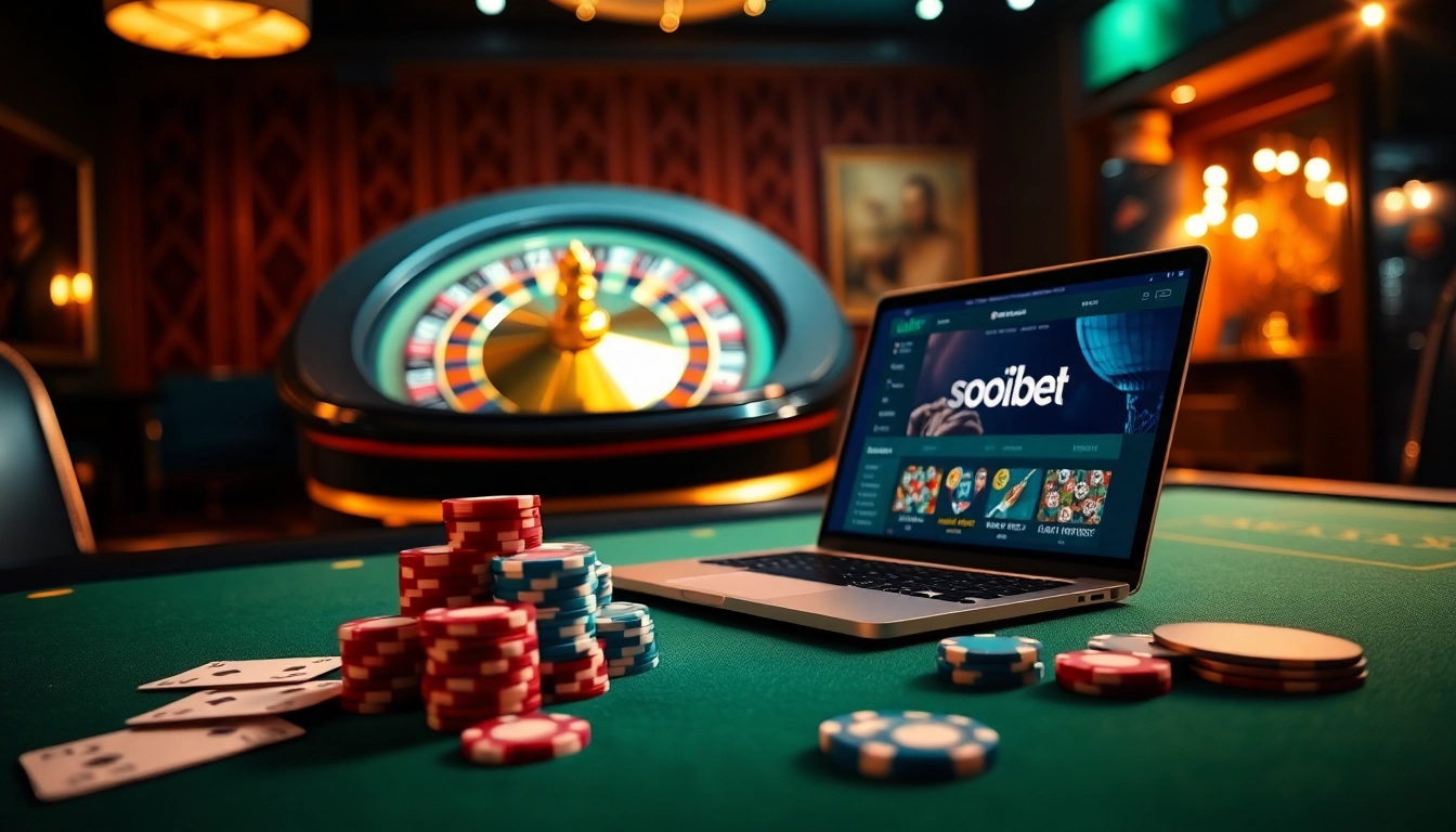 Engaging players with เว็บ soibet on a sophisticated casino table featuring poker chips and a roulette wheel.