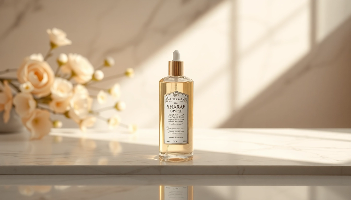 Showcase the Sharaf Divine by Zimaya bottle against a refined backdrop, highlighting luxury and elegance.
