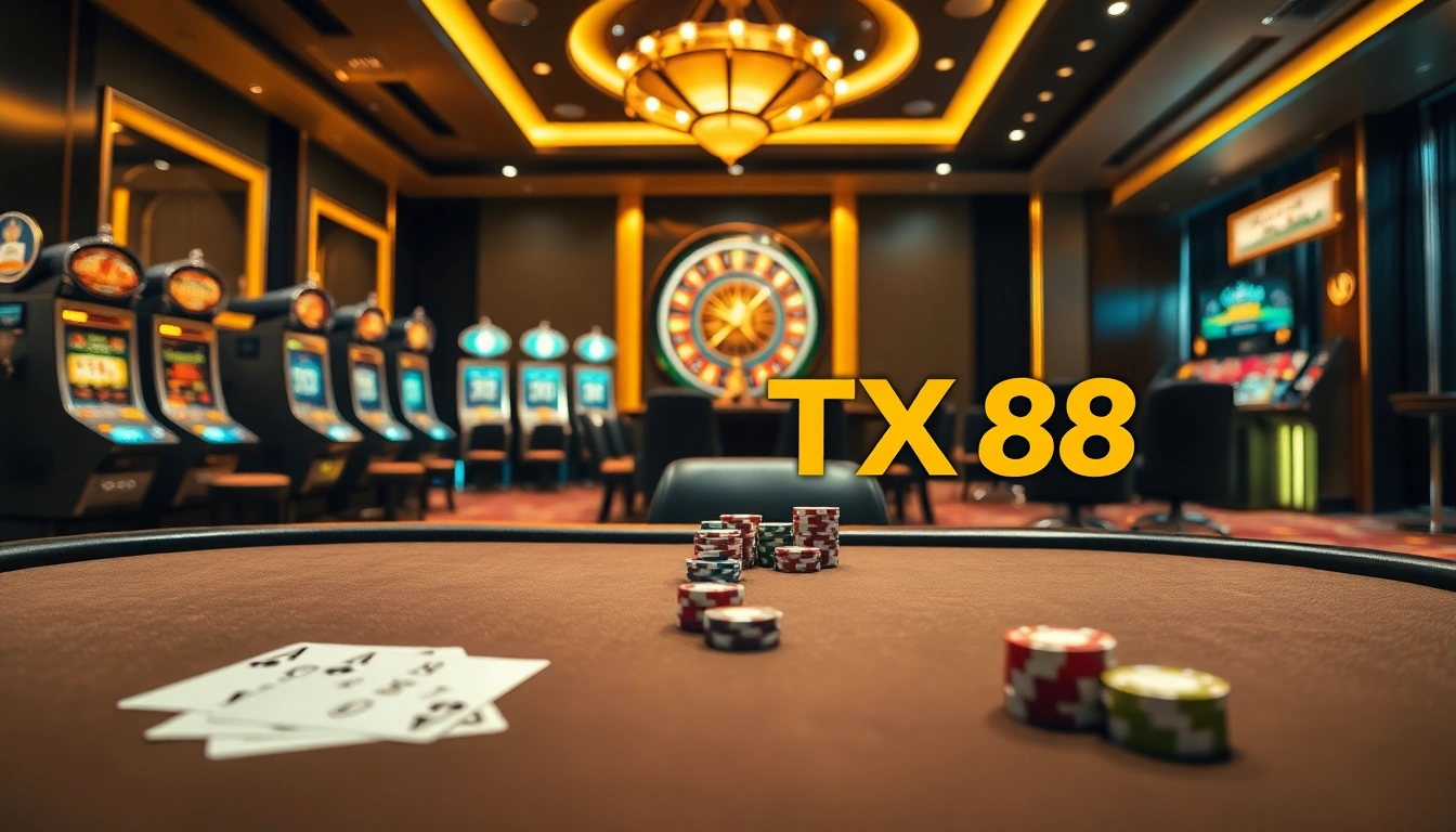 Engage with TX88 gaming excitement at a luxurious casino featuring vibrant poker and slot machines.