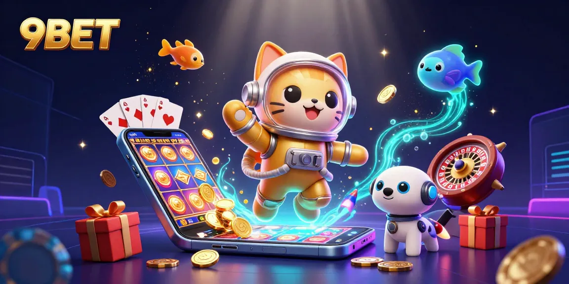 Engage with exciting games at 9BET, featuring dynamic casino illustrations and vibrant visuals.
