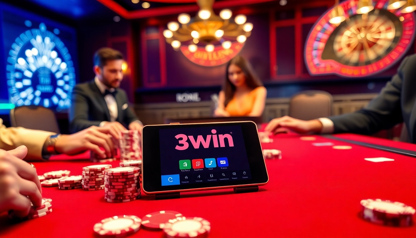 Engage with the thrilling 3win app while playing poker in a luxurious casino setting.