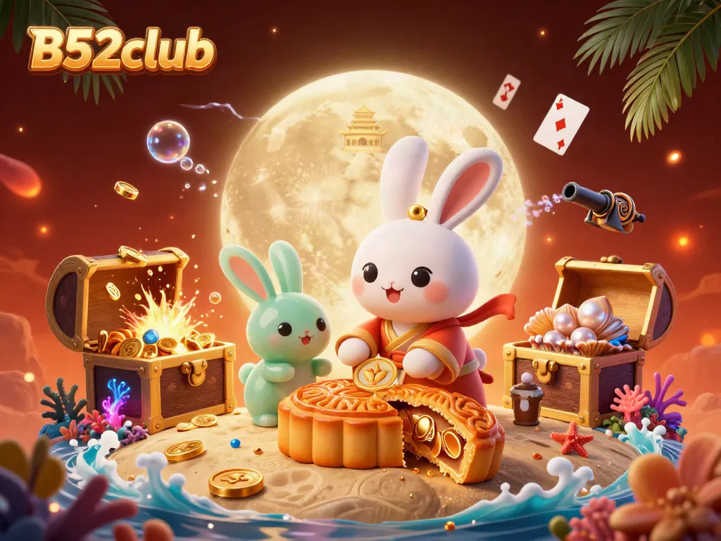 B52club: A vibrant 3D illustration showcasing a moon rabbit with poker chips, symbolizing online casino excitement.