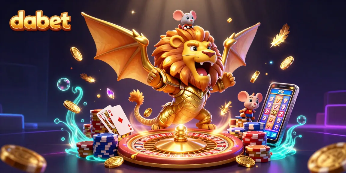 Dabet showcases thrilling gameplay with golden coins, colorful chips, and an impressive chimera creature.