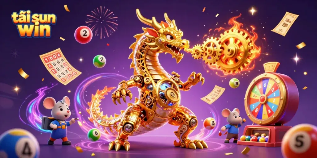 Play exciting games with tải sun win, featuring a vibrant 3D dragon amidst lottery elements and casino excitement.