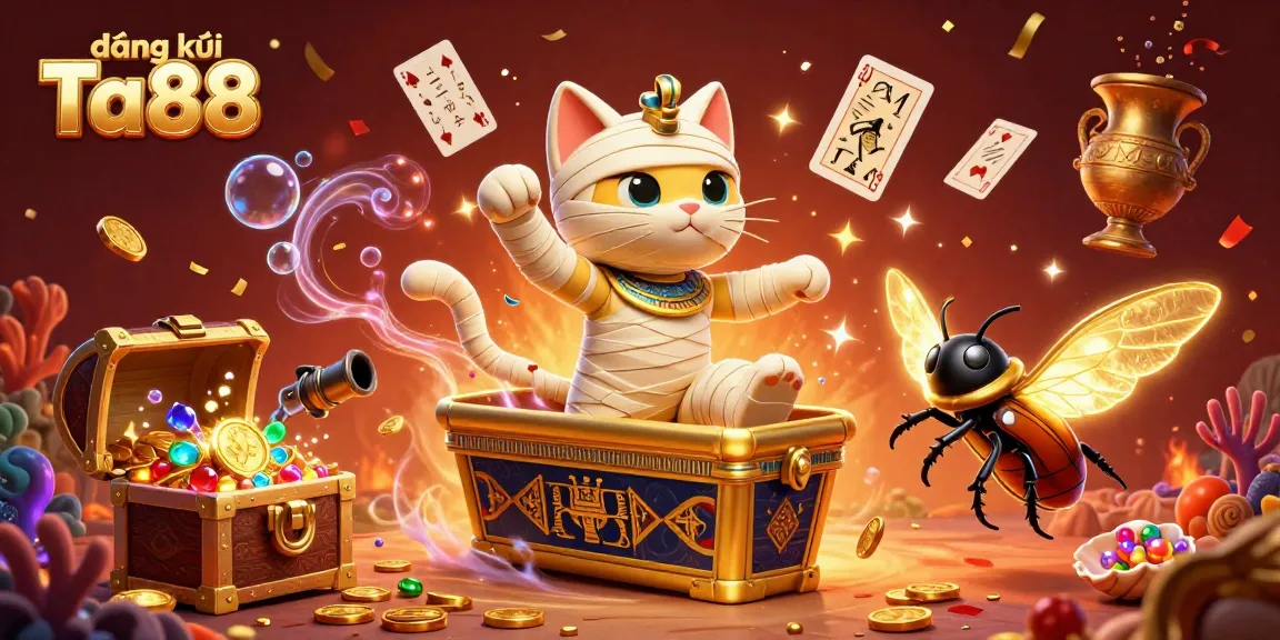 Experience gaming thrills with đăng ký Ta88 in a vibrant pyramid casino scene featuring a mummy cat and treasure.