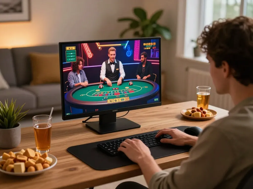 Engaged player enjoying live blackjack at home through 11bet1 interface in a cozy setting.