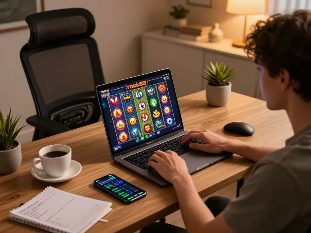 Engaging player using laptop for rokok88 slot at home, showcasing relaxed gaming setup.