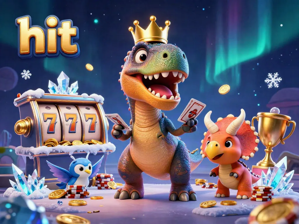 Hit the jackpot with a T-Rex shuffling cards and a pterodactyl in this vibrant casino scene.