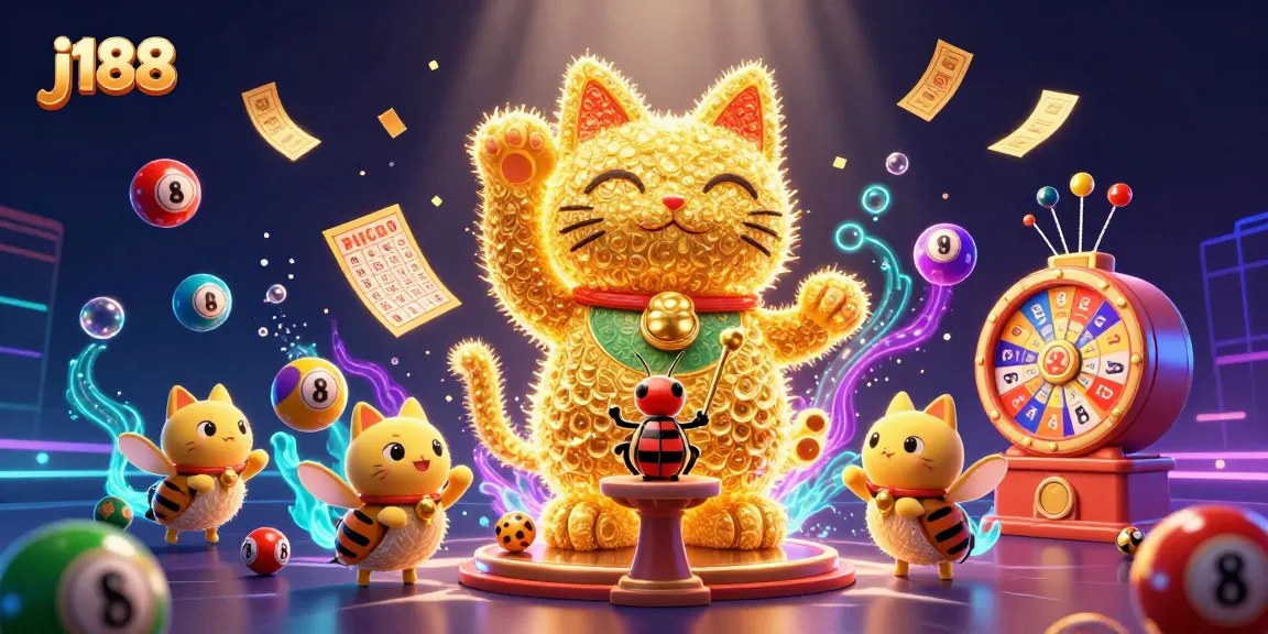 Engage with j188's colorful lottery scene featuring a vibrant lucky cat and dynamic casino symbols.