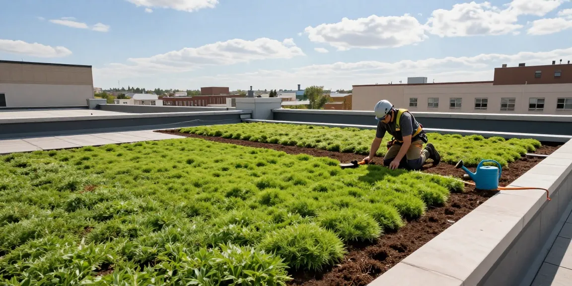sedumdak laten aanleggen met professionele installateur die weelderig sedum plant op een stedelijk dak in een heldere stadslandschap