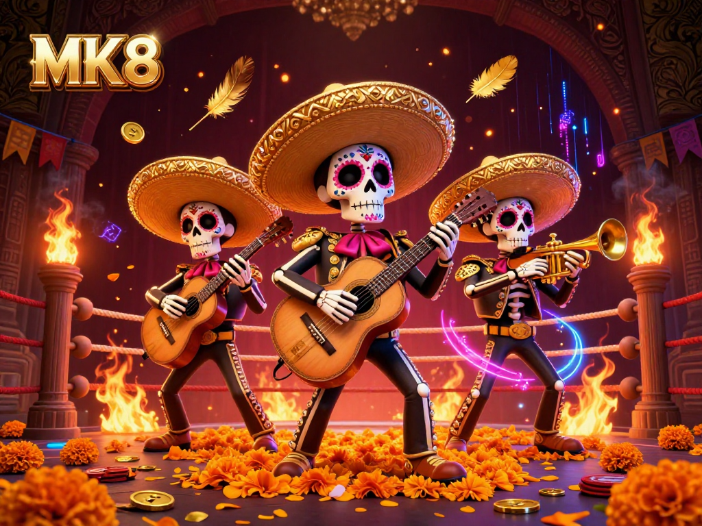 Experience thrilling gameplay with MK8 in a vibrant Day of the Dead casino scene featuring music and coins.