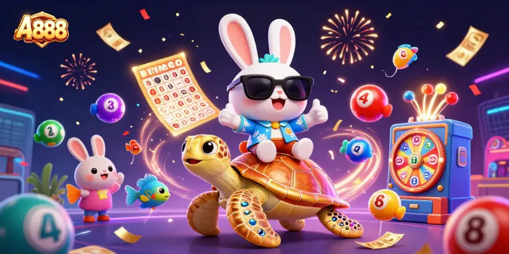Celebrate big wins at AE 888 with a dynamic, colorful scene featuring a lucky rabbit and a golden turtle!