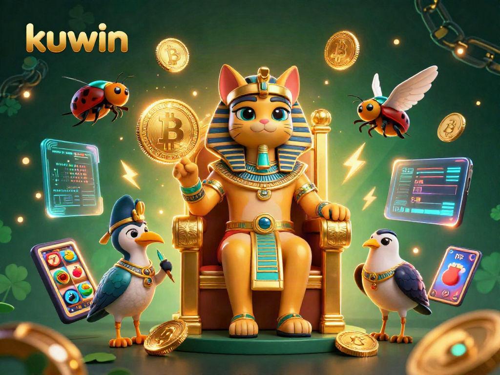 Kuwin captivates with a vibrant image of a cartoon pharaoh cat enjoying a slot game surrounded by crypto coins.