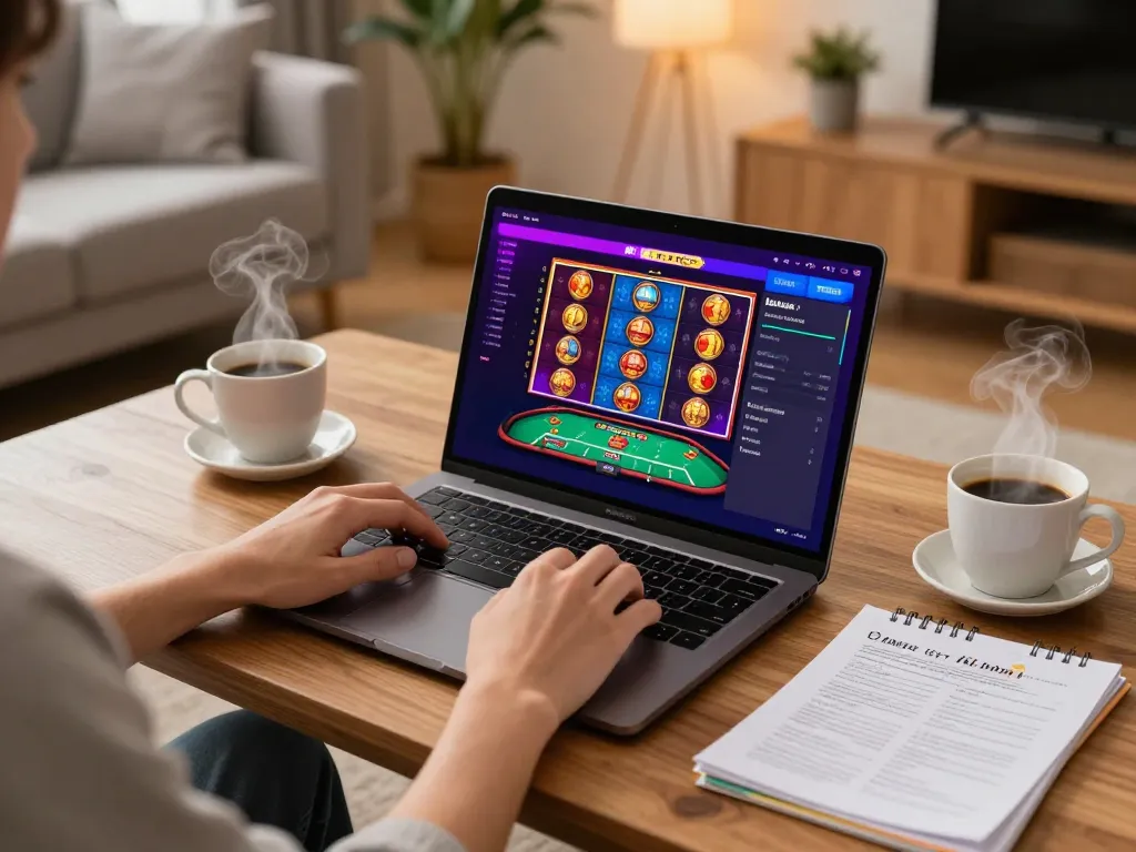 Enjoying online gaming at home with MM88 reisen casino setup featuring vibrant slots and poker.
