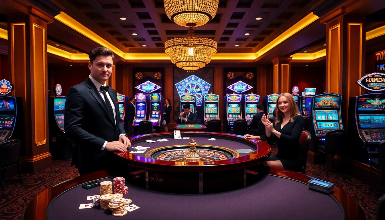 Experience the captivating thrill of gambling at 78win Com with elegantly dressed players and vibrant casino tables.