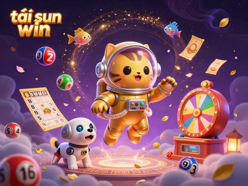 Engage in thrilling gameplay with tải sun win, surrounded by colorful lottery elements in a vibrant space scene.