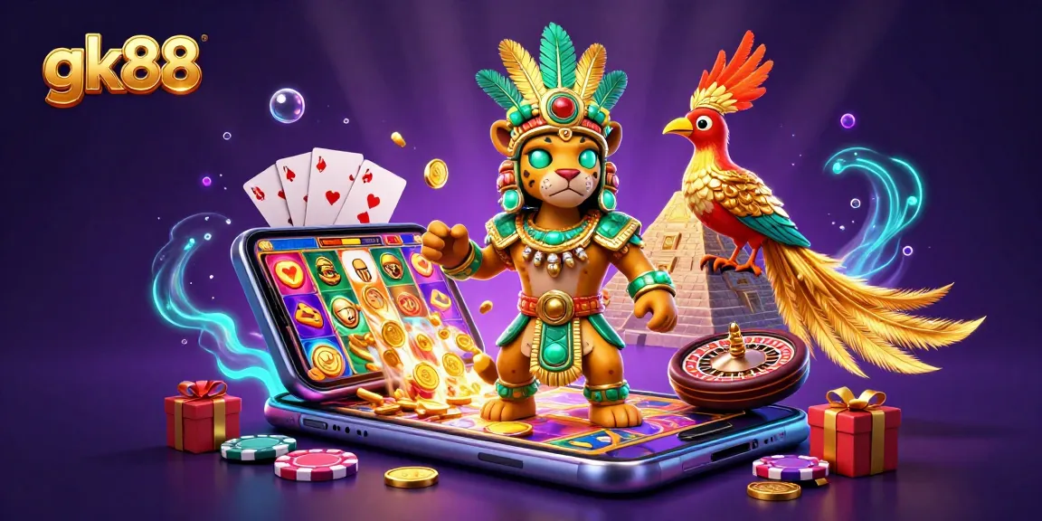 Experience excitement with gk88's vibrant online casino and slot games flowing with gold coins and energy.