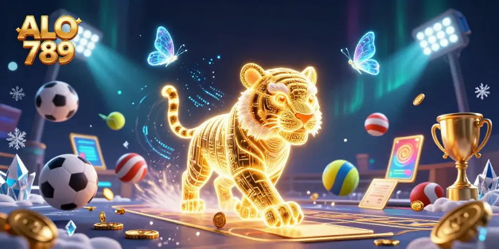 Bet on ALO 789 with enjoy dynamic casino visuals filled with sports elements and holographic effects.