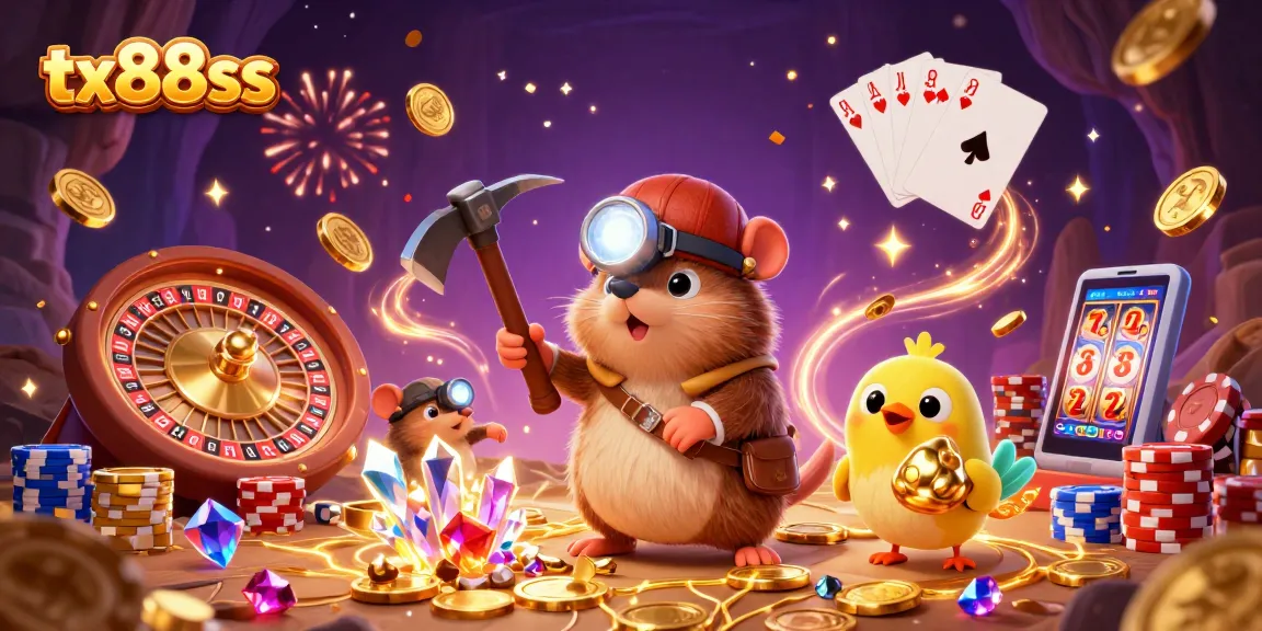 Engage with tx88ss, a vibrant casino scene showcasing a treasure hunter mole and canary surrounded by golden coins and gambling elements.