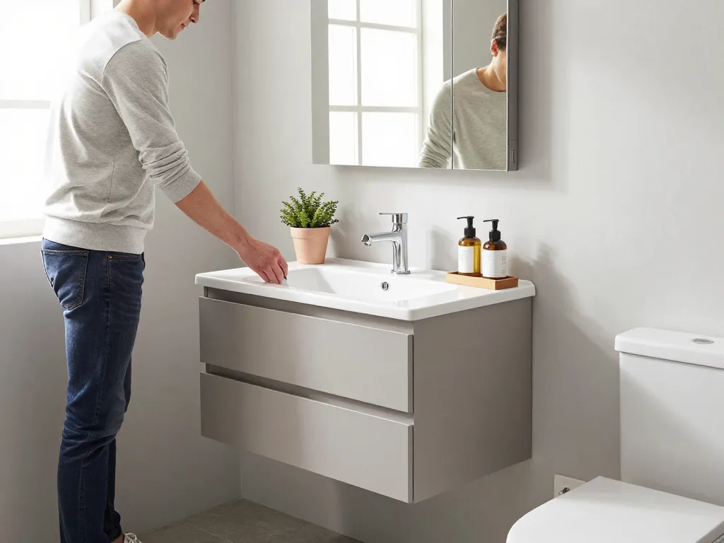 Stijlvol klein badkamermeubel in een moderne badkamer met elegante armaturen en natuurlijk licht.
