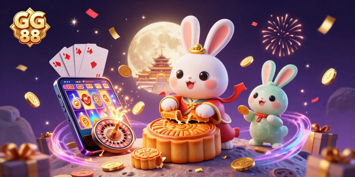 Win big with GG 88 in this vibrant 3D casino scene showcasing moon rabbit and poker chips.