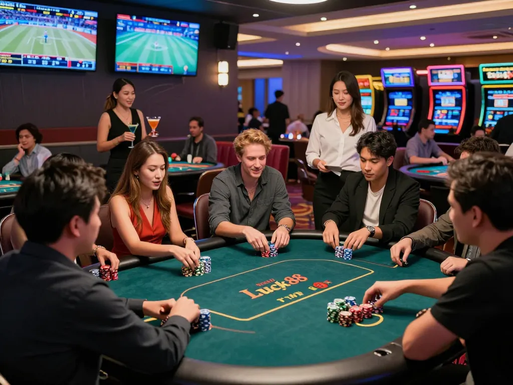 Exciting gaming atmosphere at Nhà cái Lucky88 with friends at a poker table, showcasing vibrant casino energy.