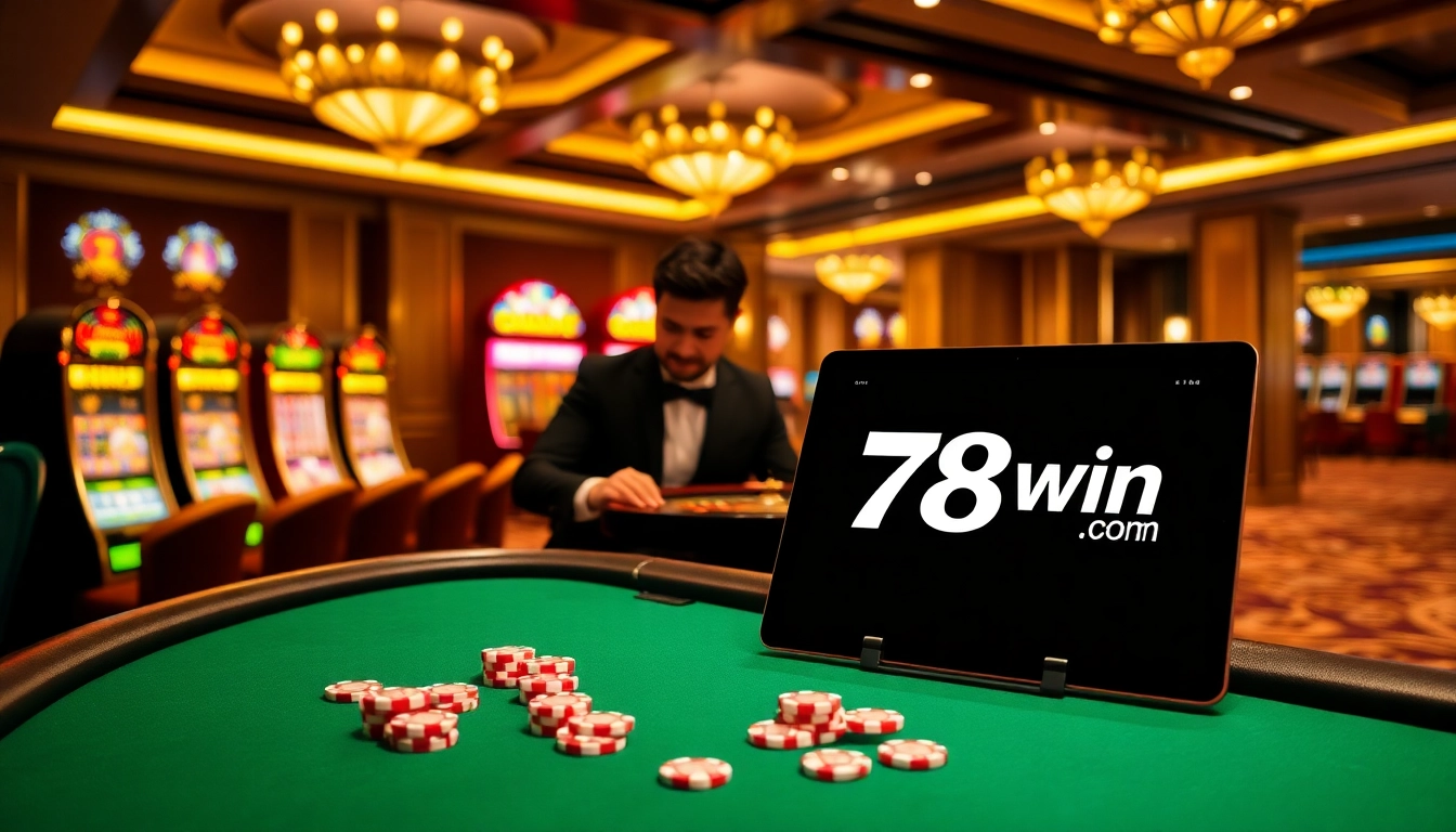 A gambler enjoys games at the elegant casino with 78win Com on a tablet, highlighting the excitement.