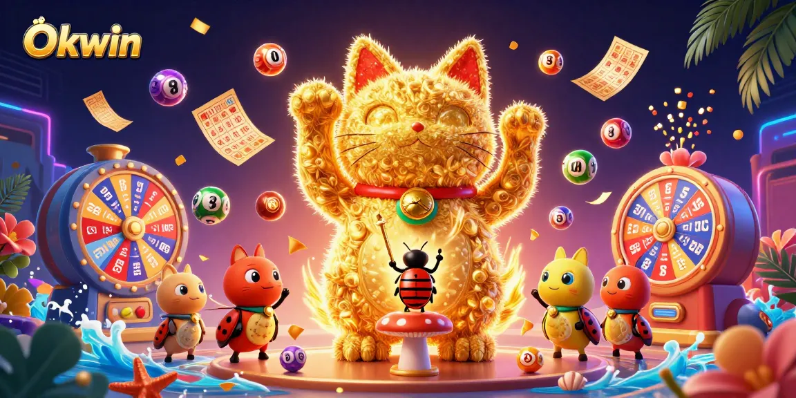 Experience Okwin's vibrant gaming scene featuring a giant lucky cat and dynamic casino symbols.