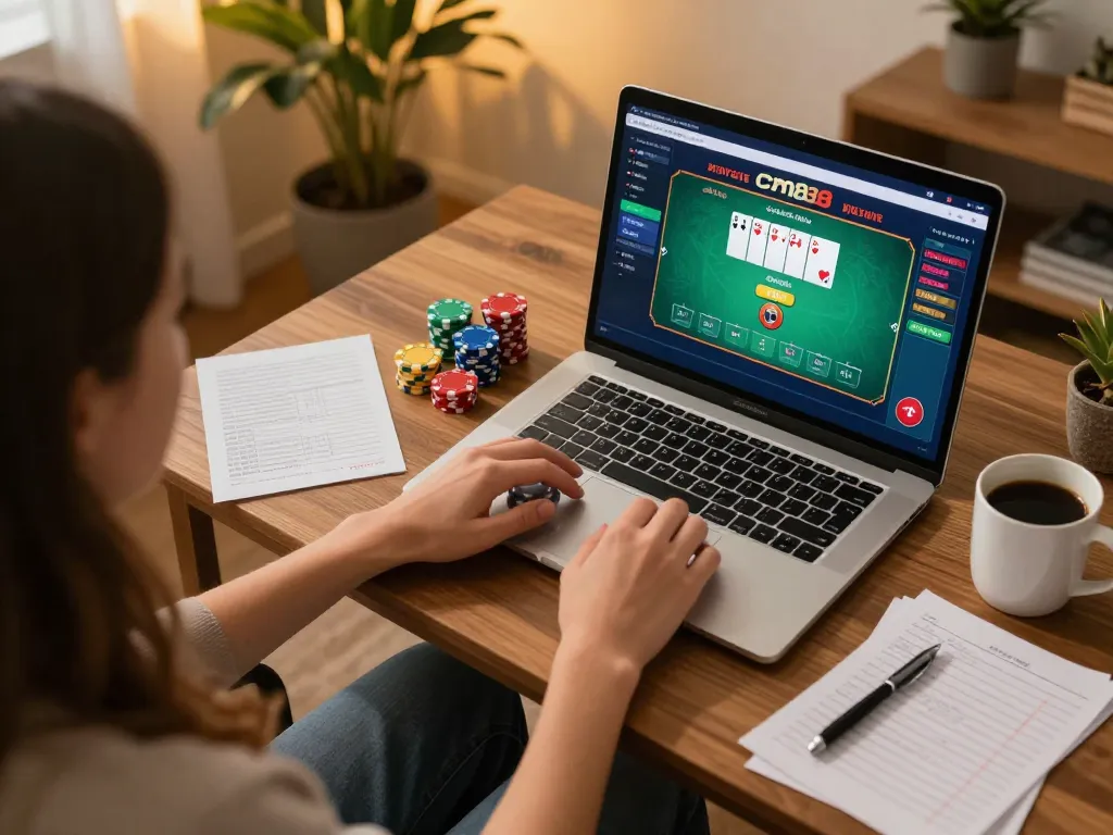 Player strategizing poker on cm88 interface in cozy home setting with warm lighting