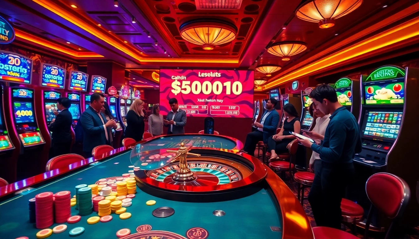 Xổ số hôm nay results creating excitement in a lively casino atmosphere with gamblers.
