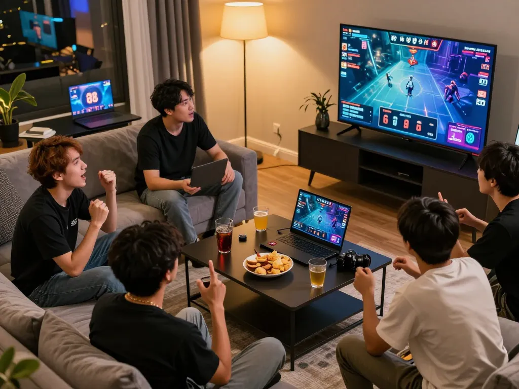 Miso 88 players excitedly betting on esports in a cozy home setup with snacks and drinks.