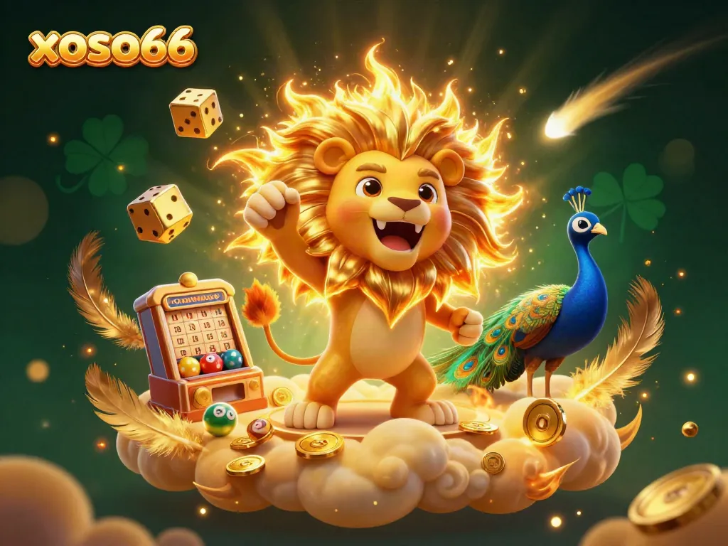 Experience the thrill of xoso66 with a vibrant lottery-themed 3D scene featuring majestic characters and lively elements.