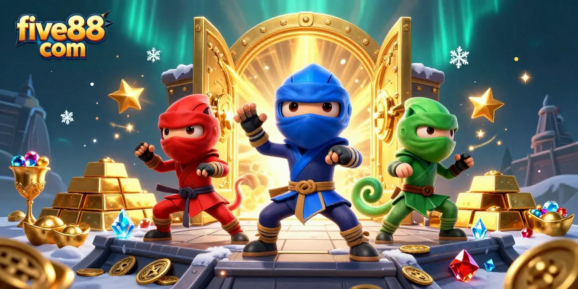 Experience excitement at five88 com with 3D chameleon ninjas amidst treasures and casino symbols.