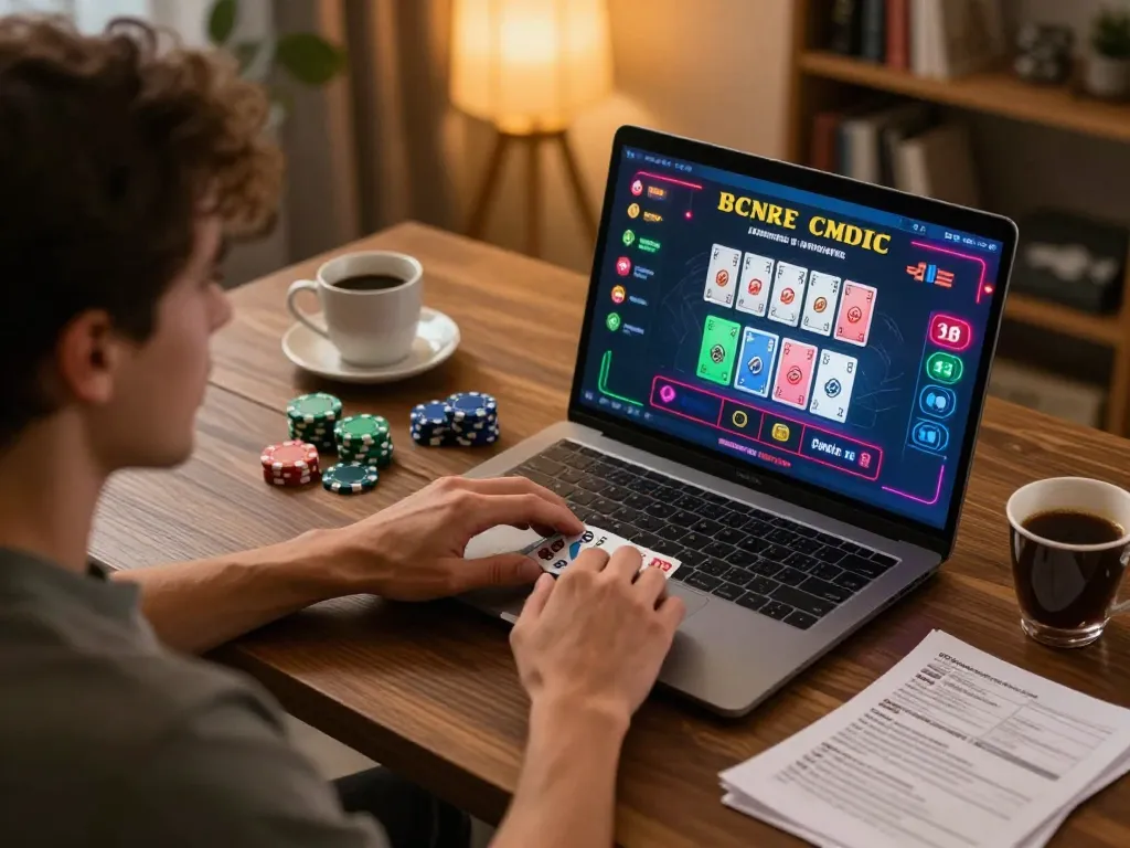 Player enjoying online tg88 baccarat game with chips and cards on laptop, cozy home setup