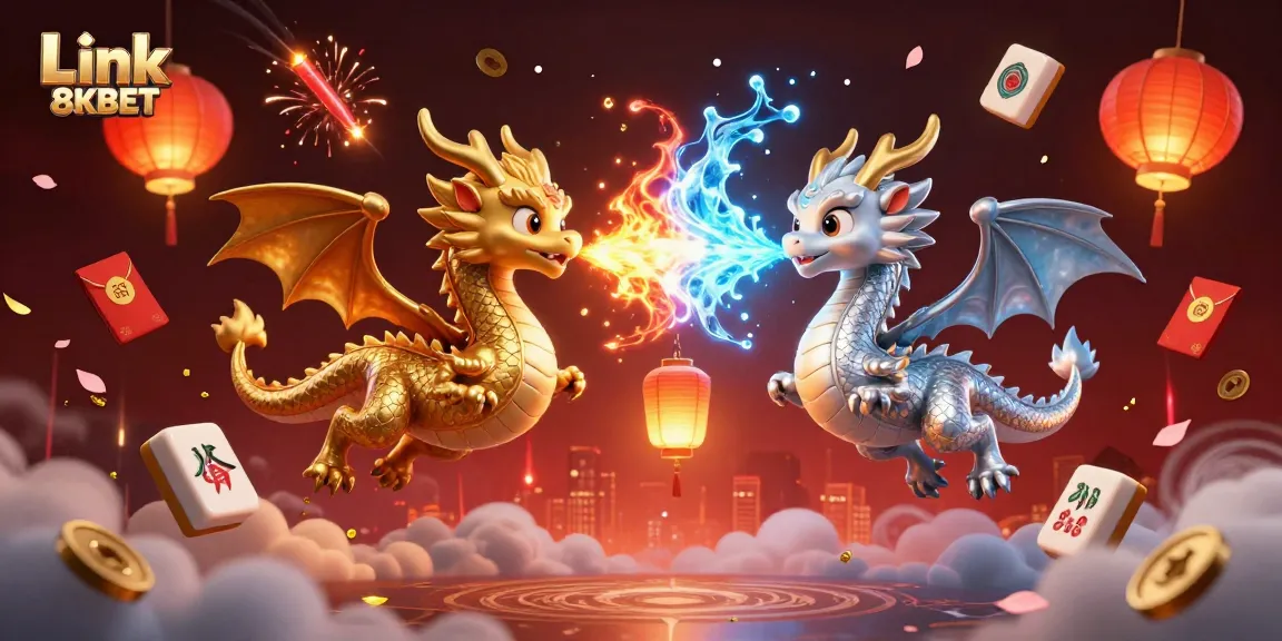 Experience vibrant excitement at Link 8KBET with intertwined dragons in a captivating 3D casino illustration.