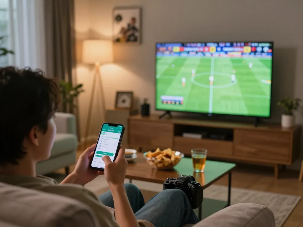 Socolive sports betting excitement at home, individual engaged with live match and betting app.