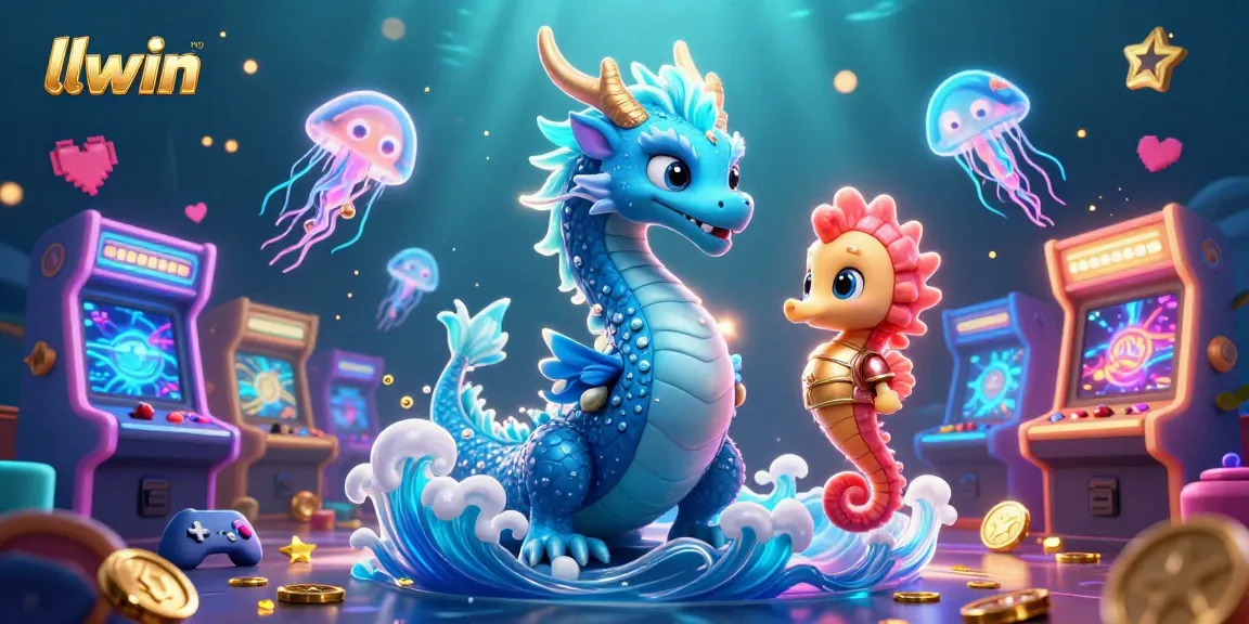 Experience thrilling gaming adventures with LLWIN's vibrant aquatic scene featuring a dragon and seahorse knight.