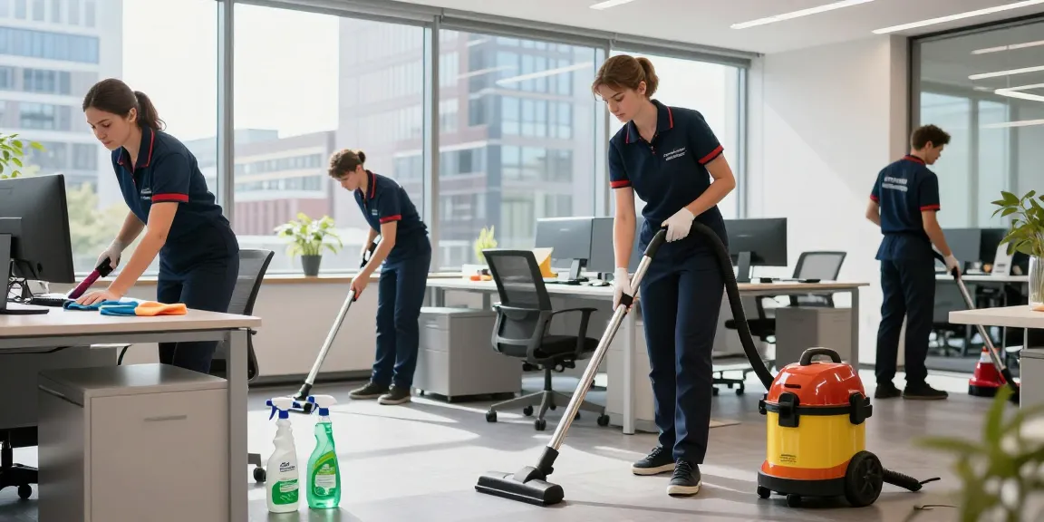 Schoonmaakbedrijf Den Haag staff cleaning an office space with eco-friendly products, ensuring a pristine environment.