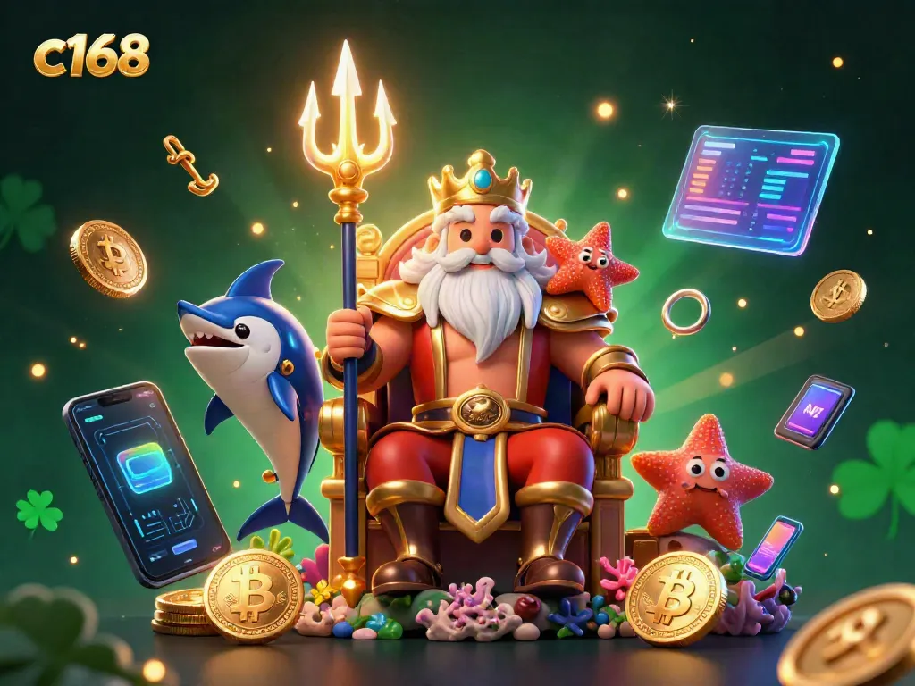 Witness the magical c168 online casino atmosphere with Neptune and crypto elements, highlighting gaming excitement.