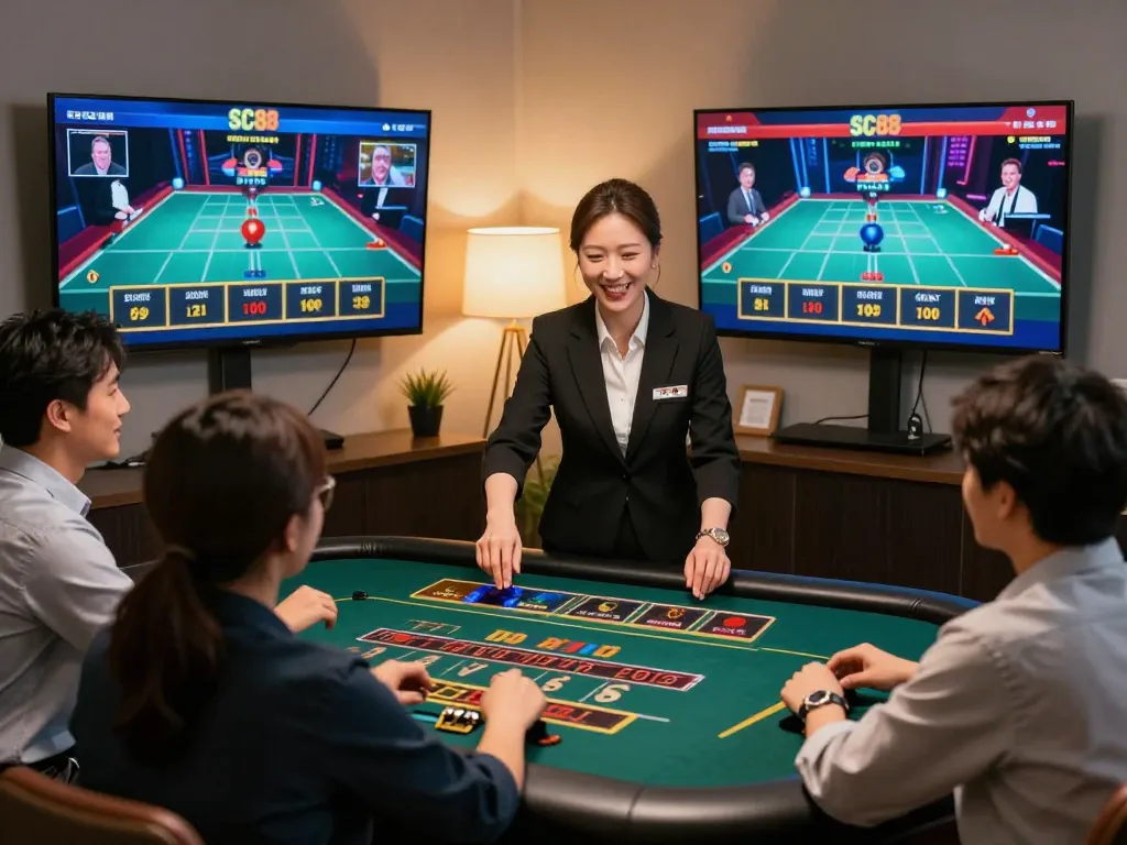 Players enjoying live dealer games at SC88, interacting in a professional online casino setting.