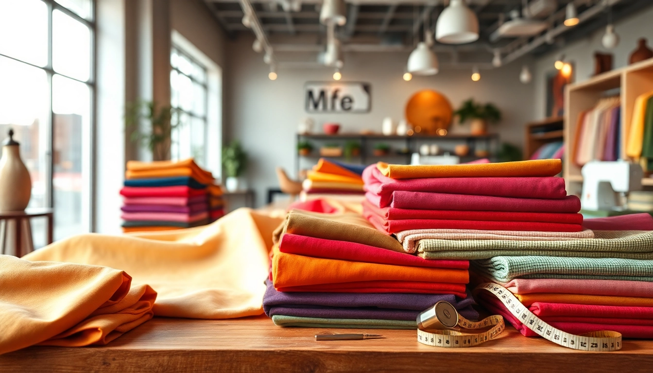 Bekijk stoffen online in een kleurrijke showroom met verschillende textielstalen.