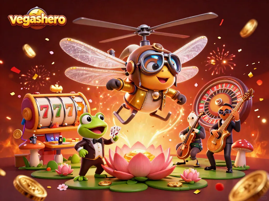 Experience vegashero as the dragonfly pilot flies over a lively casino scene filled with vibrant action.