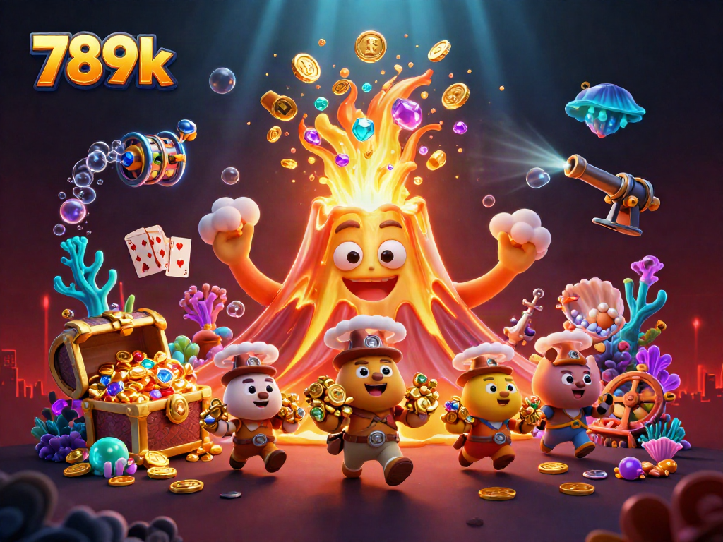 Experience thrilling adventures at 789k with a volcano erupting gold coins in a vibrant casino scene