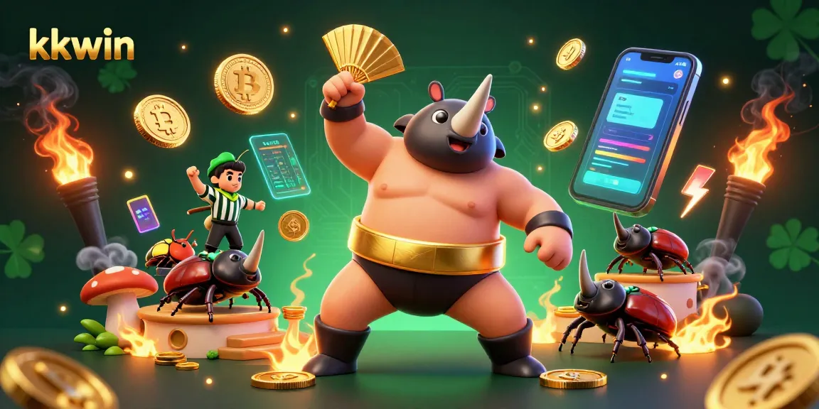 Experience thrilling gaming action at kkwin with a vibrant 3D illustration featuring a sumo champion beetle.