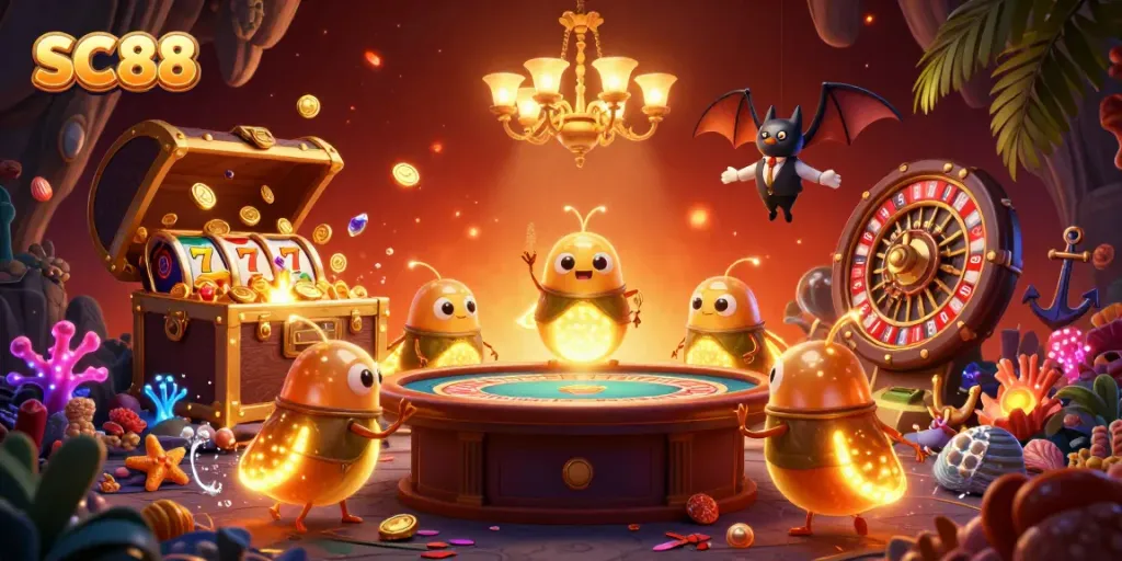 Engage in the thrill of SC 88 with glowing casino glowworms lighting a vibrant underwater scene.