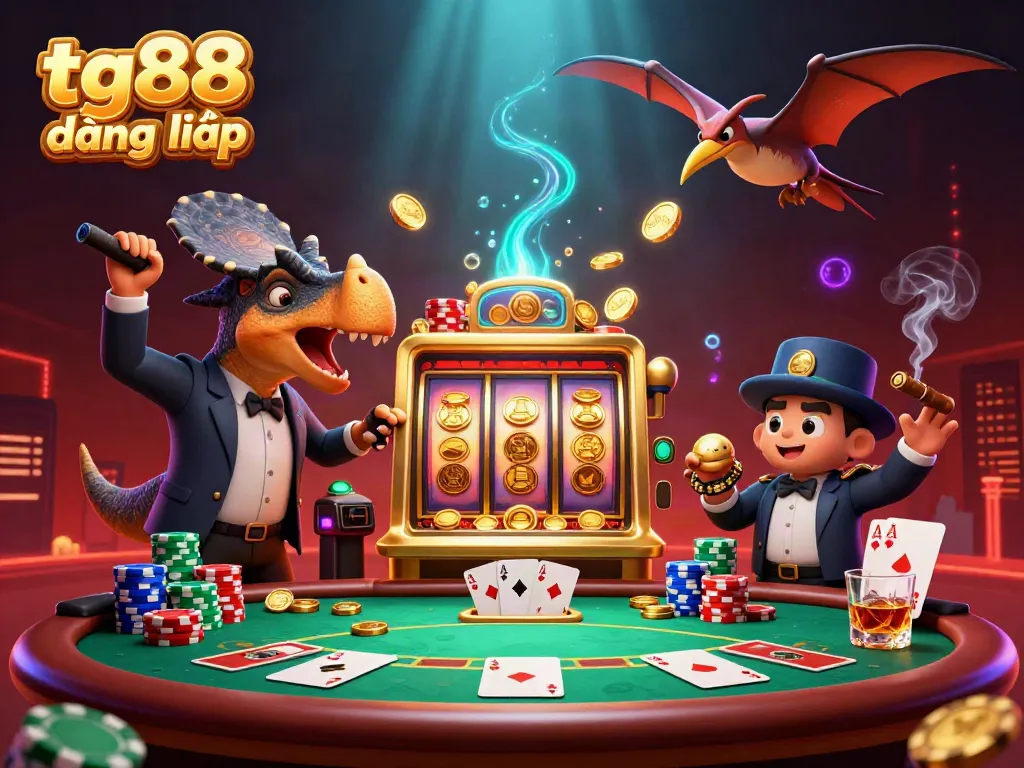 Experience tg88 đăng nhập excitement with neon golden coins and animated casino characters.